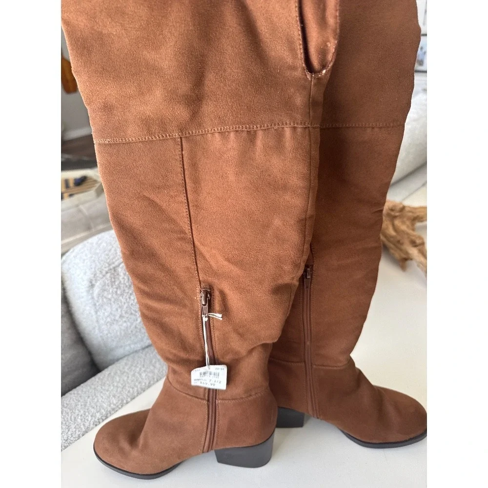 Women's Brash Faux Suede Brown Over The Knee Heeled Boots side‎ zip up size 7.5